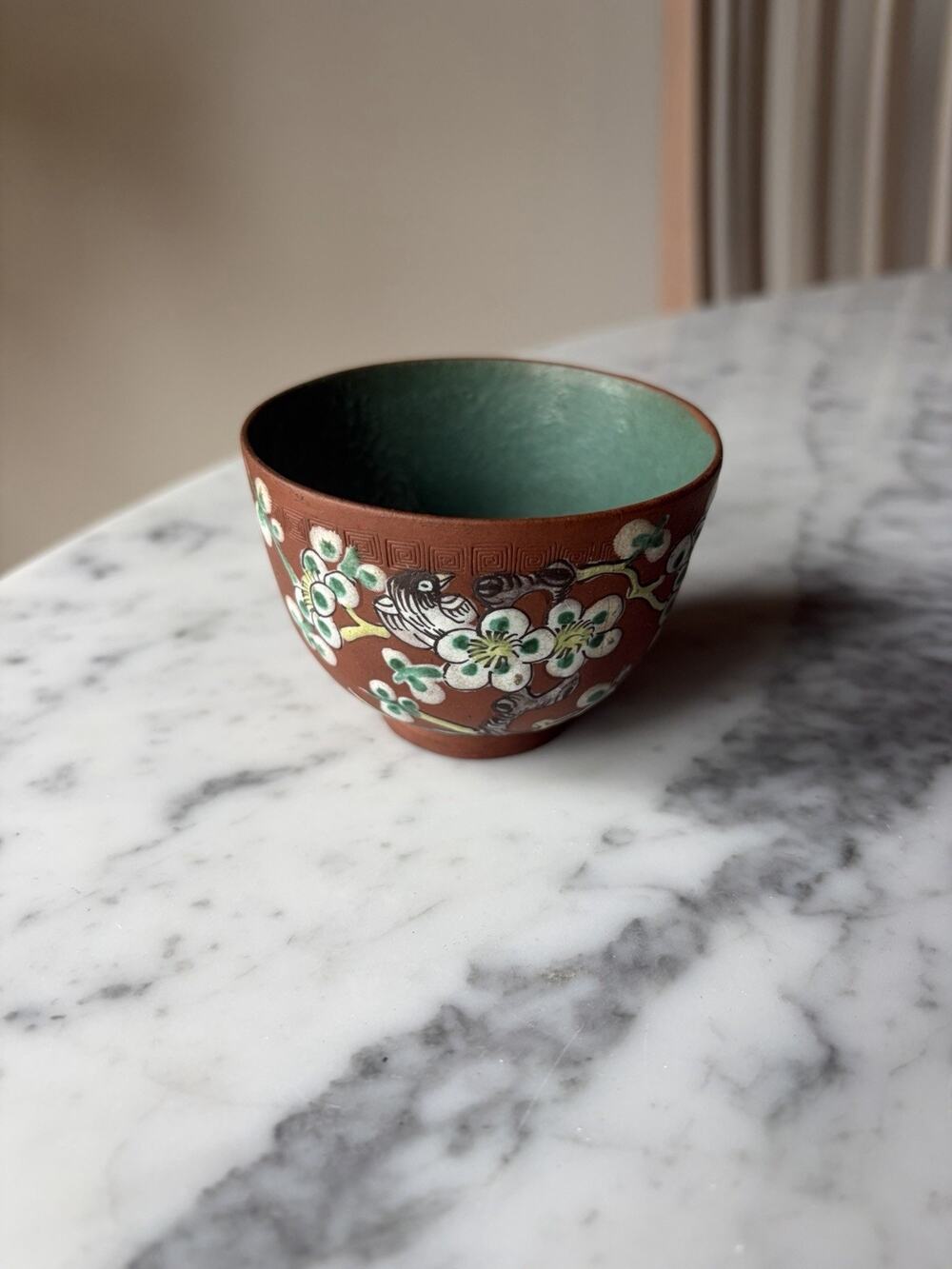 Handmade Chinese Cup Floral and Bird Motif Decorative Brown with Green Interior